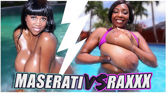 Big boobed black babes face off in Maserati and Raxxx