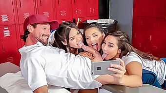 Three American Brunettes Engage In A Steamy Orgy On A Couch In The Locker Room